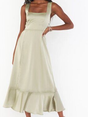 NWT Show Me Your Mumu Claire Midi Dress in Moss Green Luxe Satin